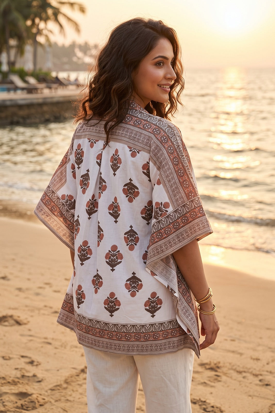 WHITE COTTON MULMUL BLOCK PRINT KAFTAN TOP - NVK595