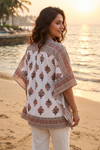 WHITE COTTON MULMUL BLOCK PRINT KAFTAN TOP - NVK595
