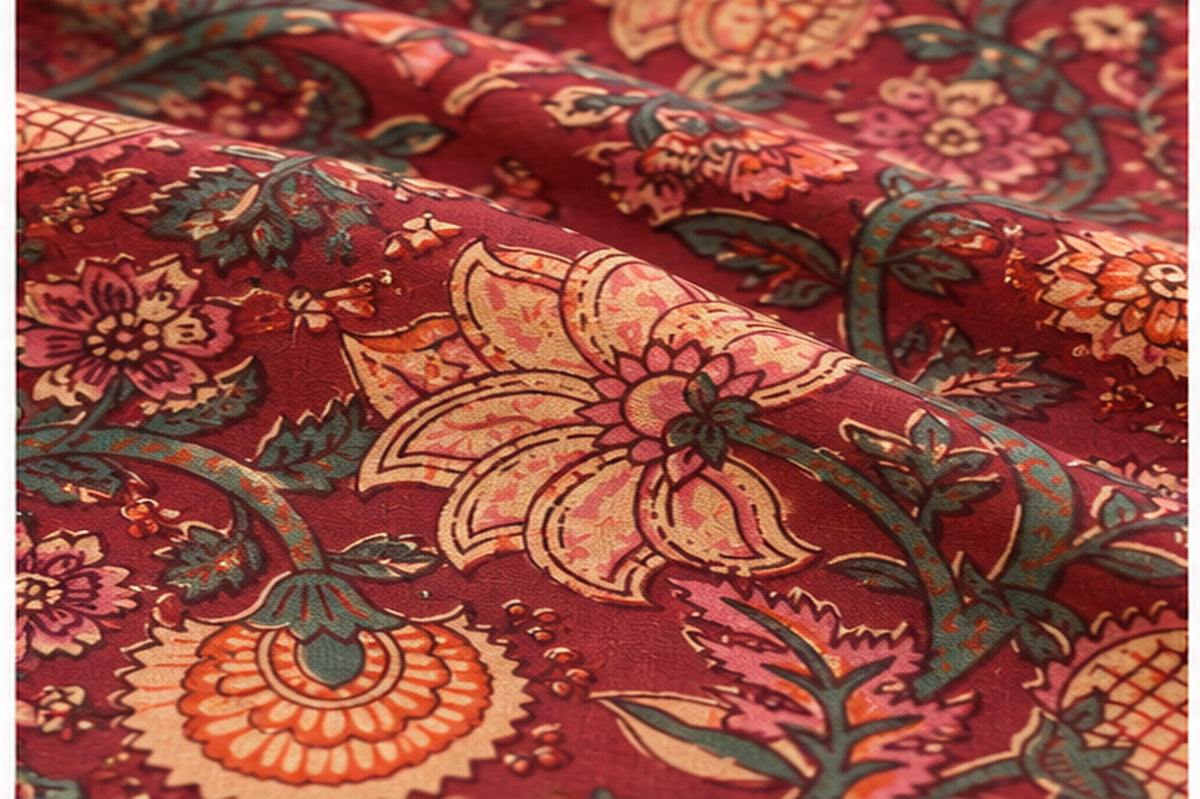 Hand Block Printed Cotton Fabric – Maroon Floral
