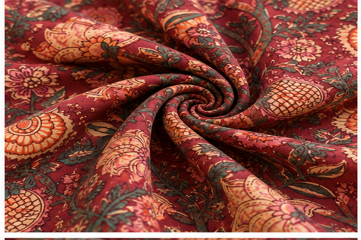 Hand Block Printed Cotton Fabric – Maroon Floral