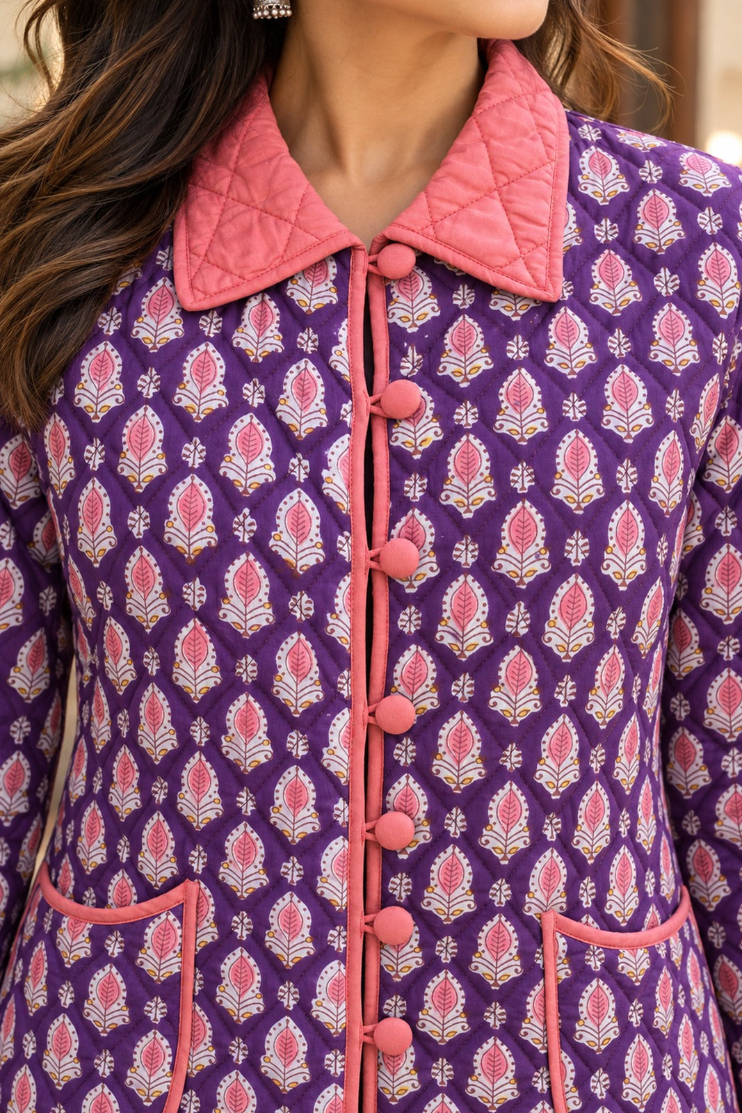 RUST ORANGE FLORAL QUILTED JACKET -NVQJ672