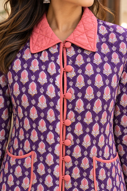 RUST ORANGE FLORAL QUILTED JACKET -NVQJ672