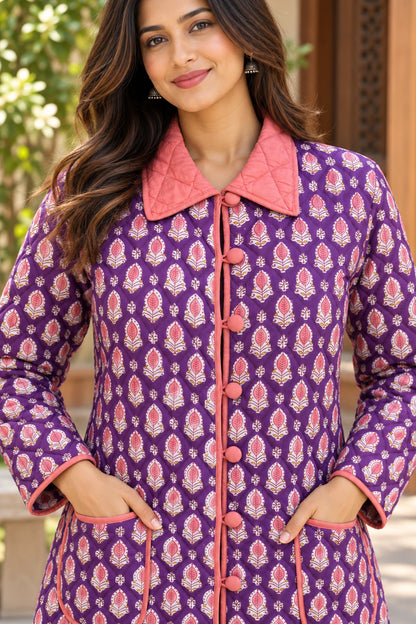 RUST ORANGE FLORAL QUILTED JACKET -NVQJ672