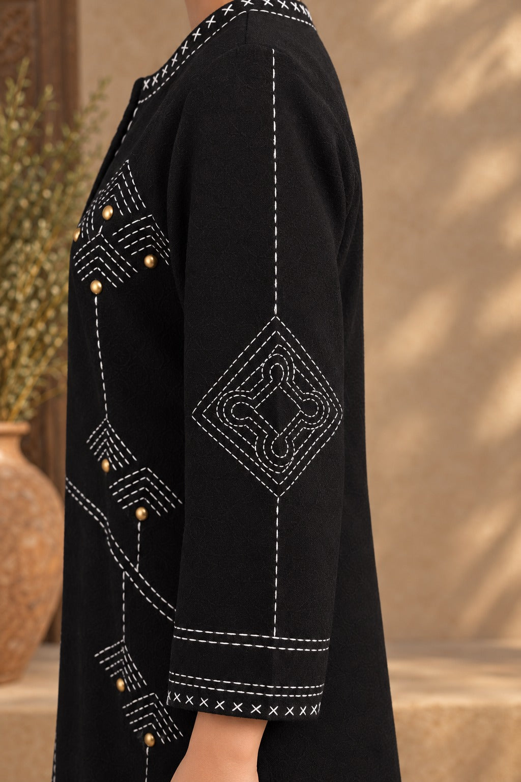 Black Pure Wool Hand-Embroidered Kantha Jacket