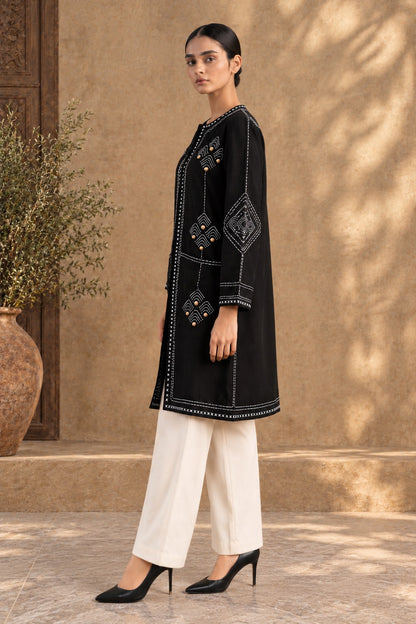 Black Pure Wool Hand-Embroidered Kantha Jacket