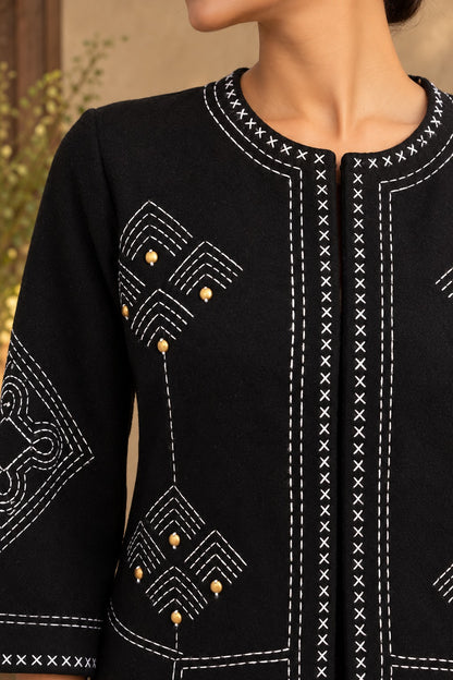 Black Pure Wool Hand-Embroidered Kantha Jacket