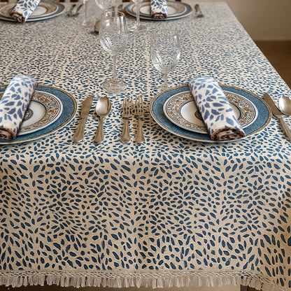 Blue Block Printed Dining Table Cover with Napkins-NFTC02