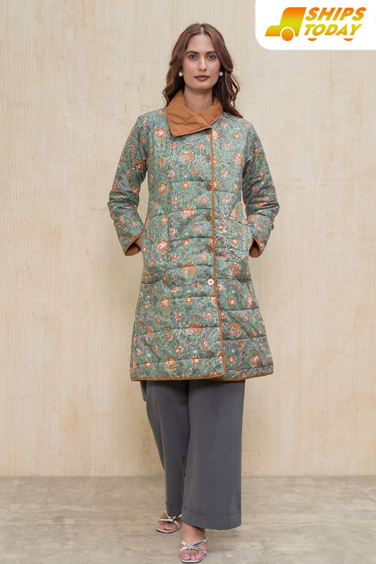 Green Block Printed Fiber Quilted Jacket-NVQJ608