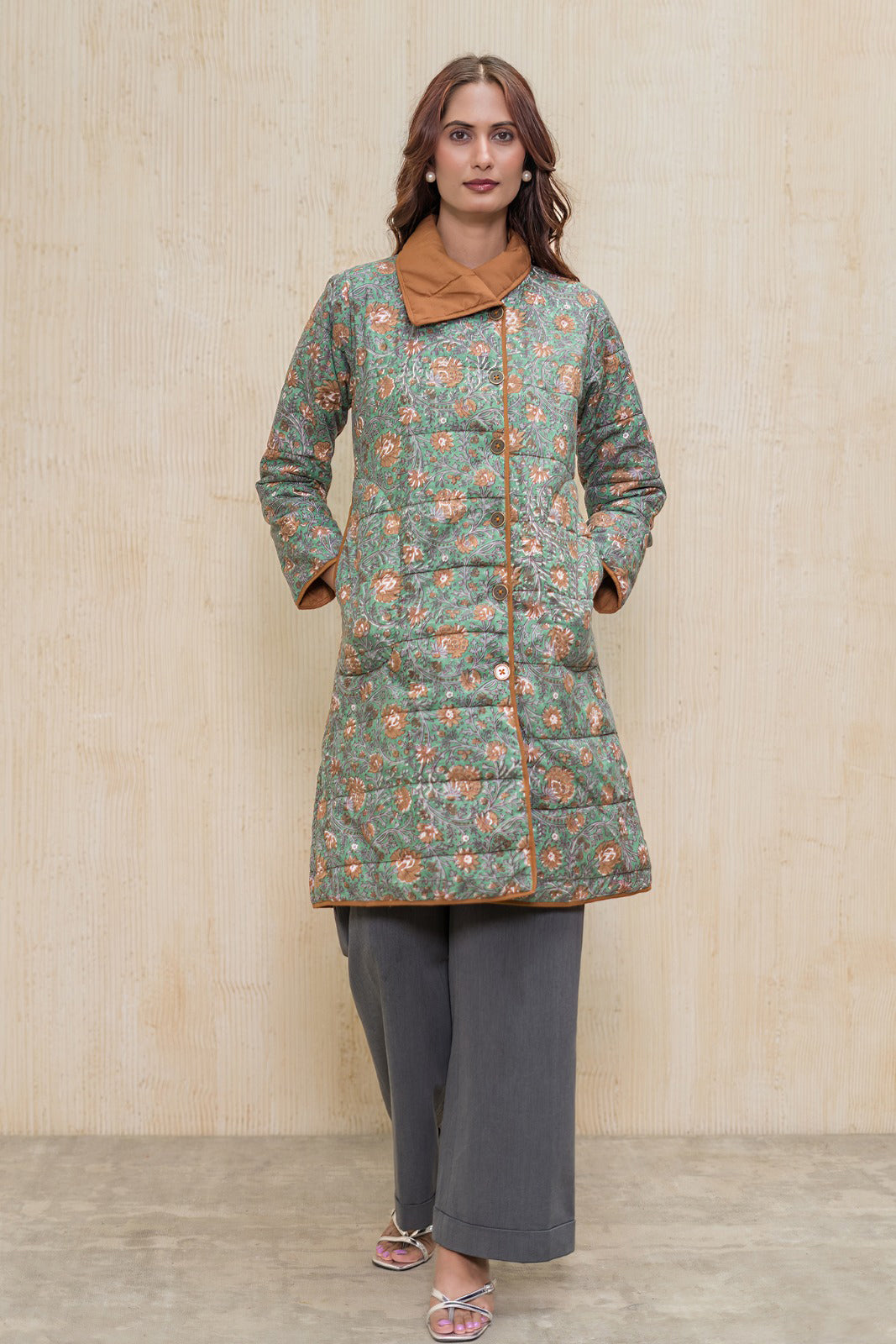 Green Block Printed Fiber Quilted Jacket-NVQJ608