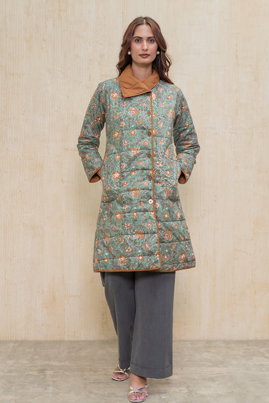 Green Block Printed Fiber Quilted Jacket-NVQJ608