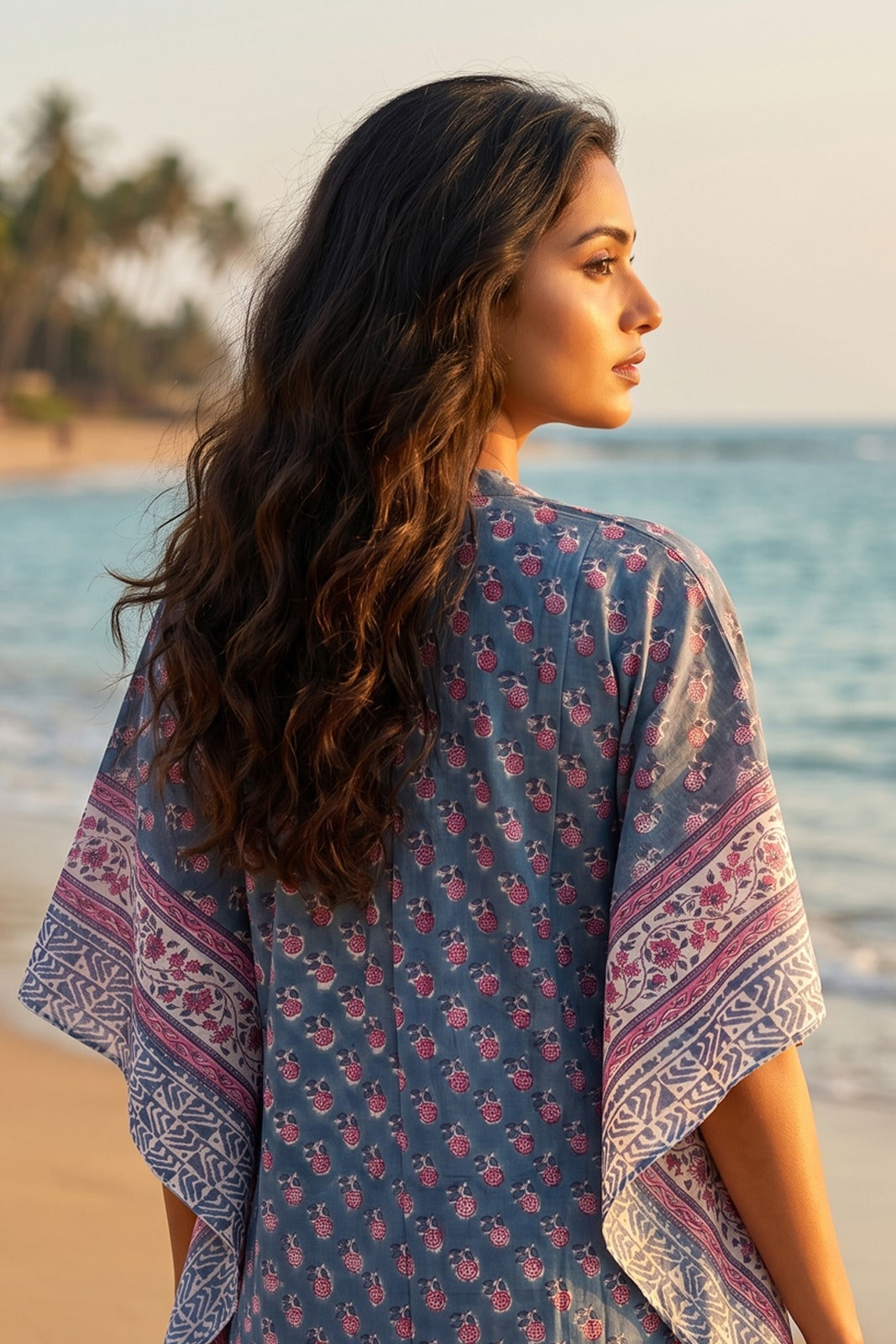 BLUE PINK FLORAL BLOCK PRINT COTTON KAFTAN TOP - NVK585