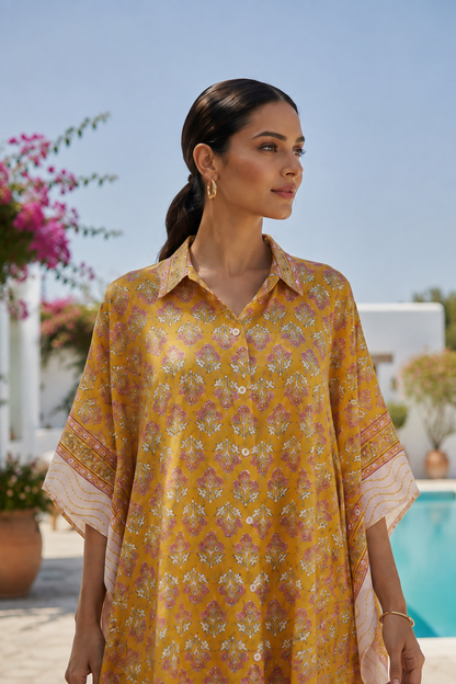 YELLOW  BLOCK PRINTED KAFTAN TOP