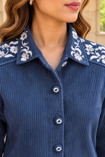 Blue Floral Embroidered Corduroy Jacket-NVQJ685