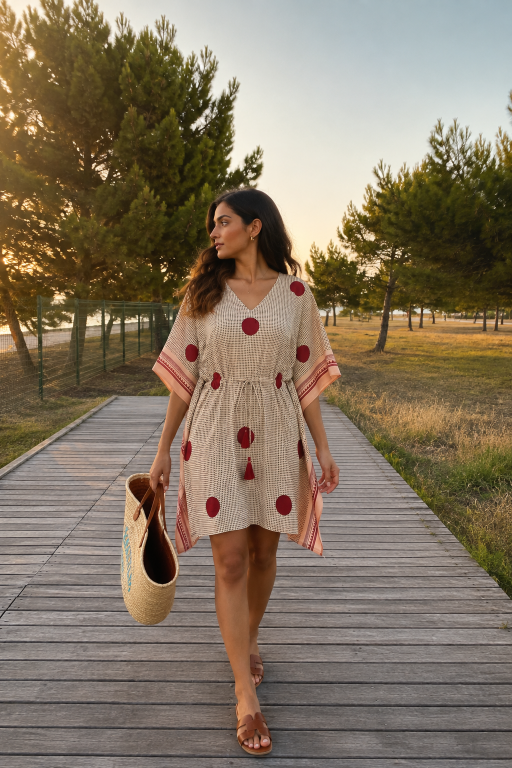 BEIGE RED POLKA DOT COTTON KAFTAN TOP
