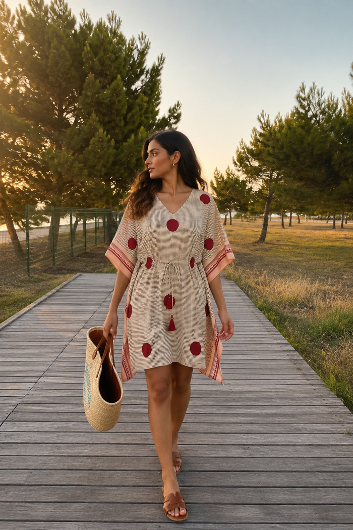 BEIGE RED POLKA DOT COTTON KAFTAN TOP - NVK586