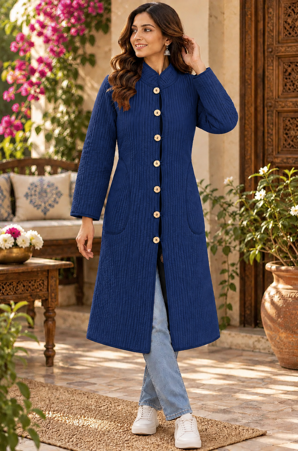 Royal Blue & Yellow Hand Block Printed Belted Jacket-NVQJ679