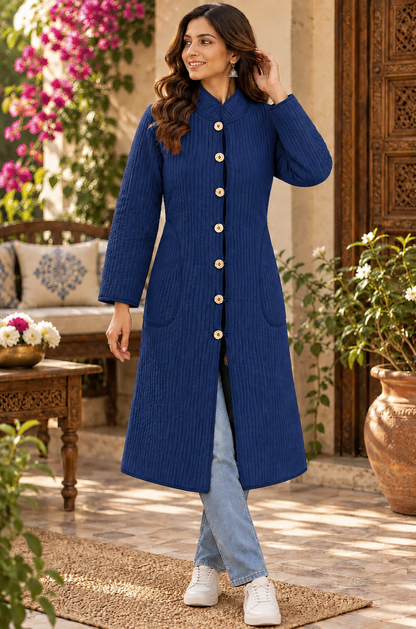 Royal Blue & Yellow Hand Block Printed Belted Jacket-NVQJ679