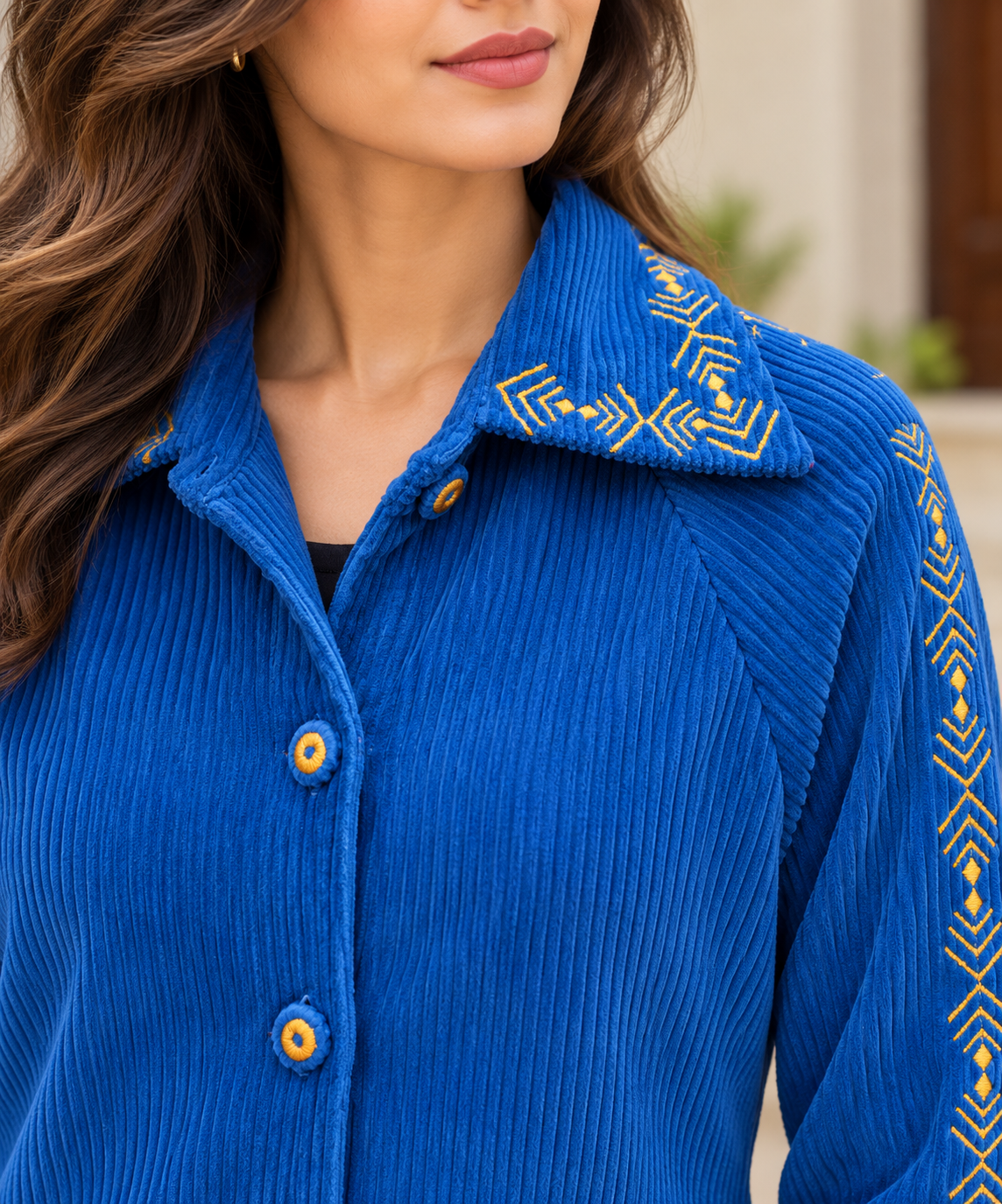 Royal Blue Embroidered Corduroy Coat