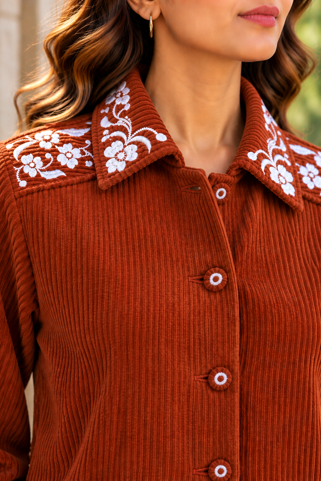 Rust Brown Floral Embroidered Corduroy Jacket-NVQJ684