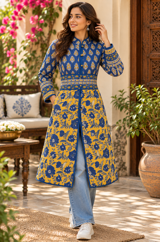 Royal Blue & Yellow Hand Block Printed Belted Jacket-NVQJ679