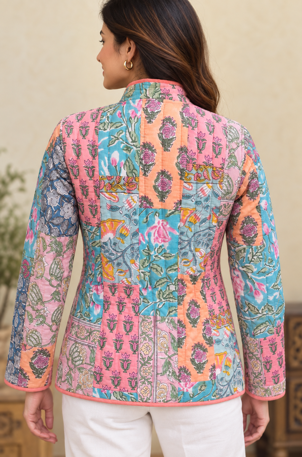 PASTEL PATCHWORK HAND BLOCK PRINTED QUILTED JACKET-NVQJ673