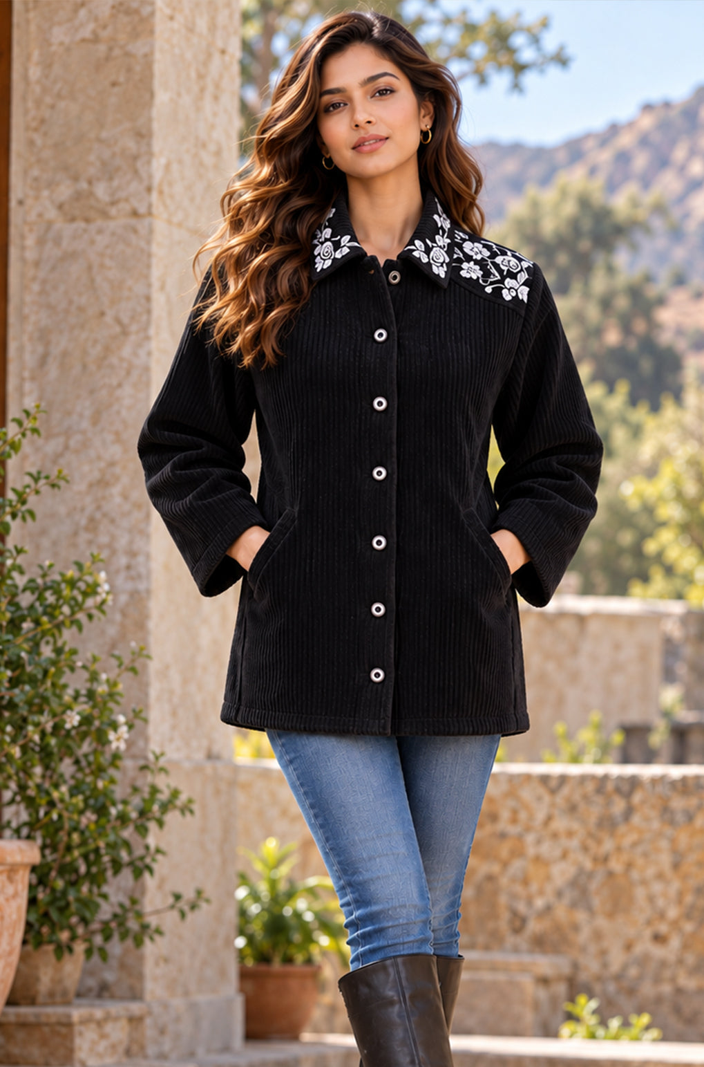 Floral Embroidered Corduroy Jacket-NVQJ683