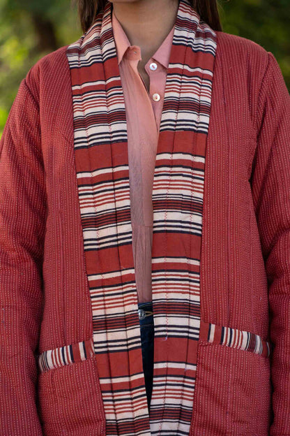 Rust Kantha Front Open Puffer Coat-NVQJ448