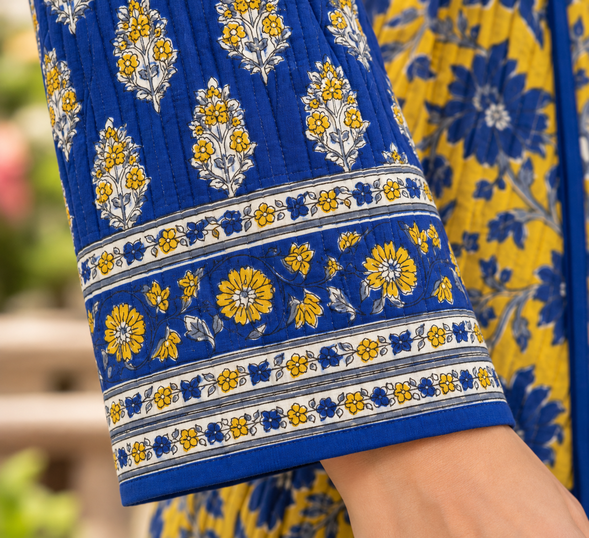 Royal Blue & Yellow Hand Block Printed Belted Jacket-NVQJ679