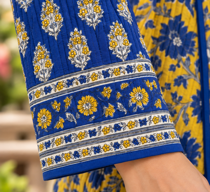 Royal Blue & Yellow Hand Block Printed Belted Jacket-NVQJ679