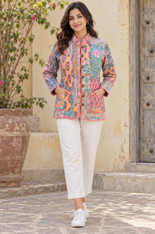 PASTEL PATCHWORK HAND BLOCK PRINTED QUILTED JACKET-NVQJ673