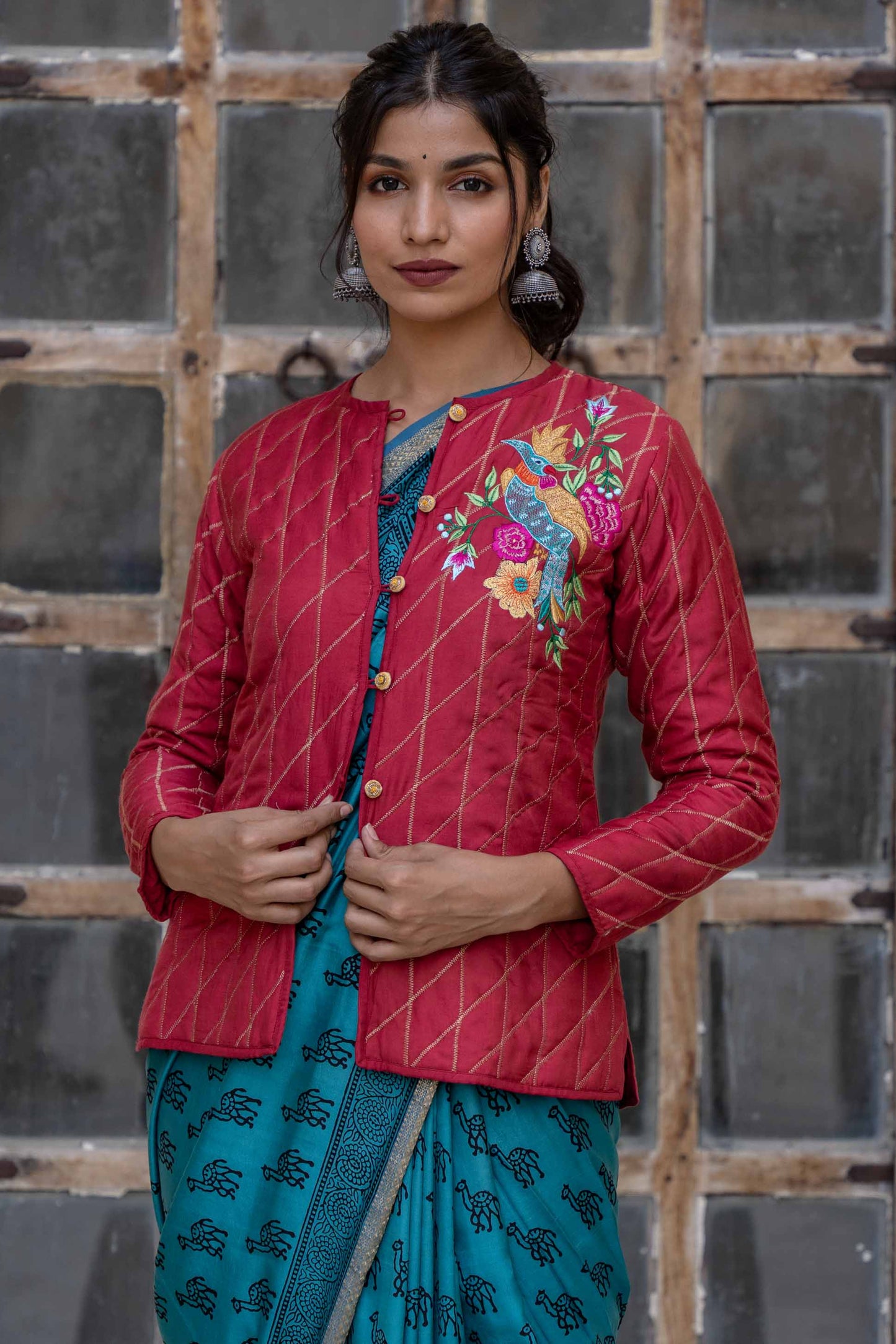 Berry Red Embroidered Quilted Silk Jacket- NVQJ307