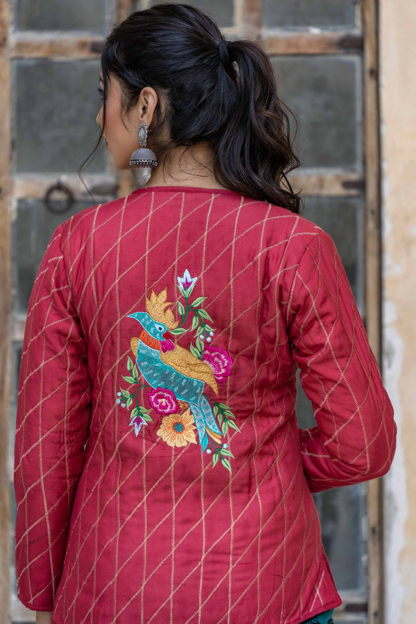 Berry Red Embroidered Quilted Silk Jacket- NVQJ307