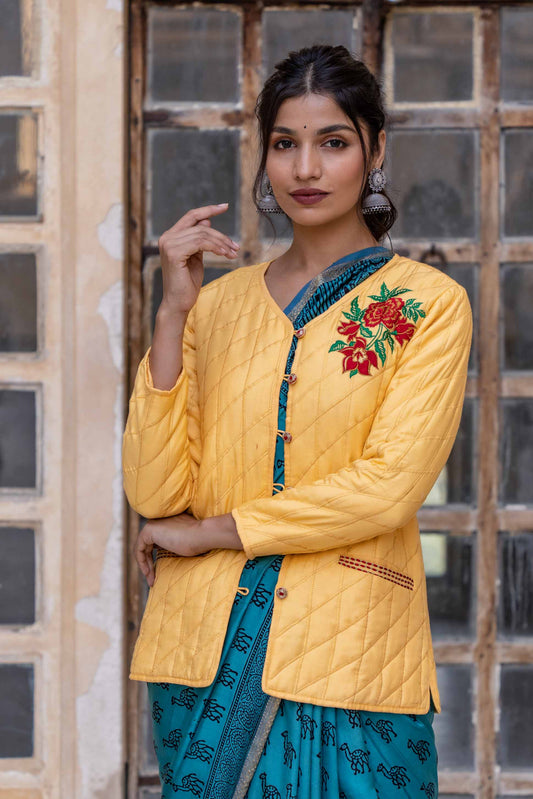 Sunshine Yellow Embroidered Quilted Silk Jacket- NVQJ308