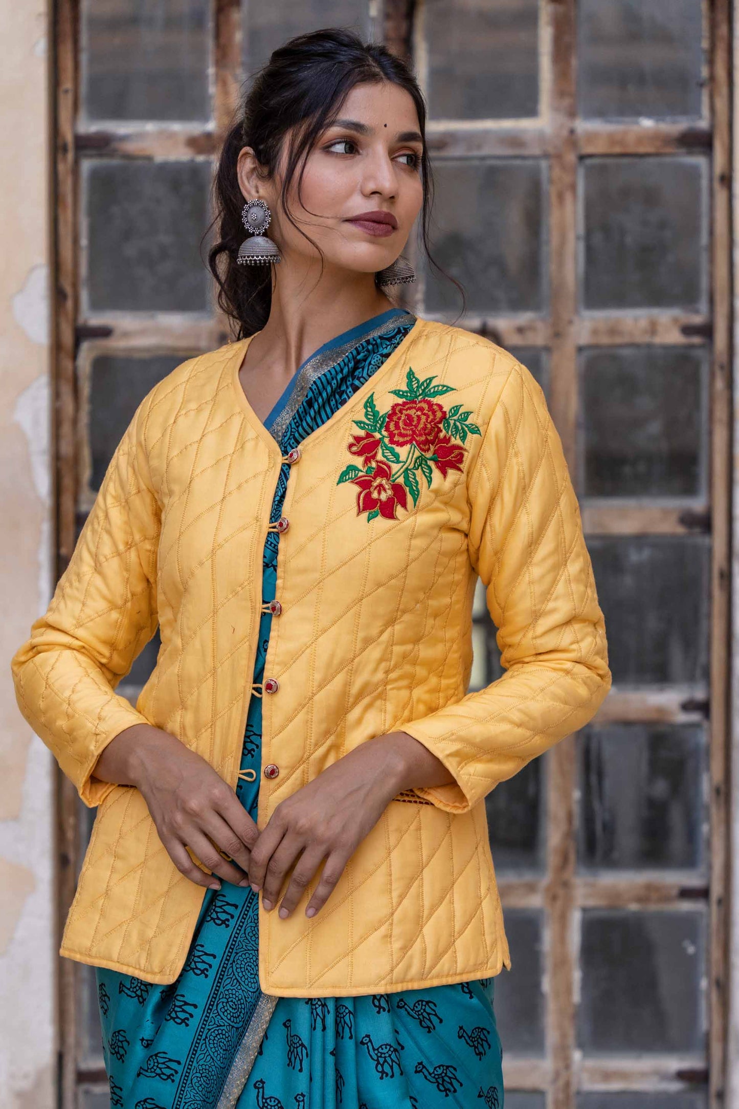 Sunshine Yellow Embroidered Quilted Silk Jacket- NVQJ308