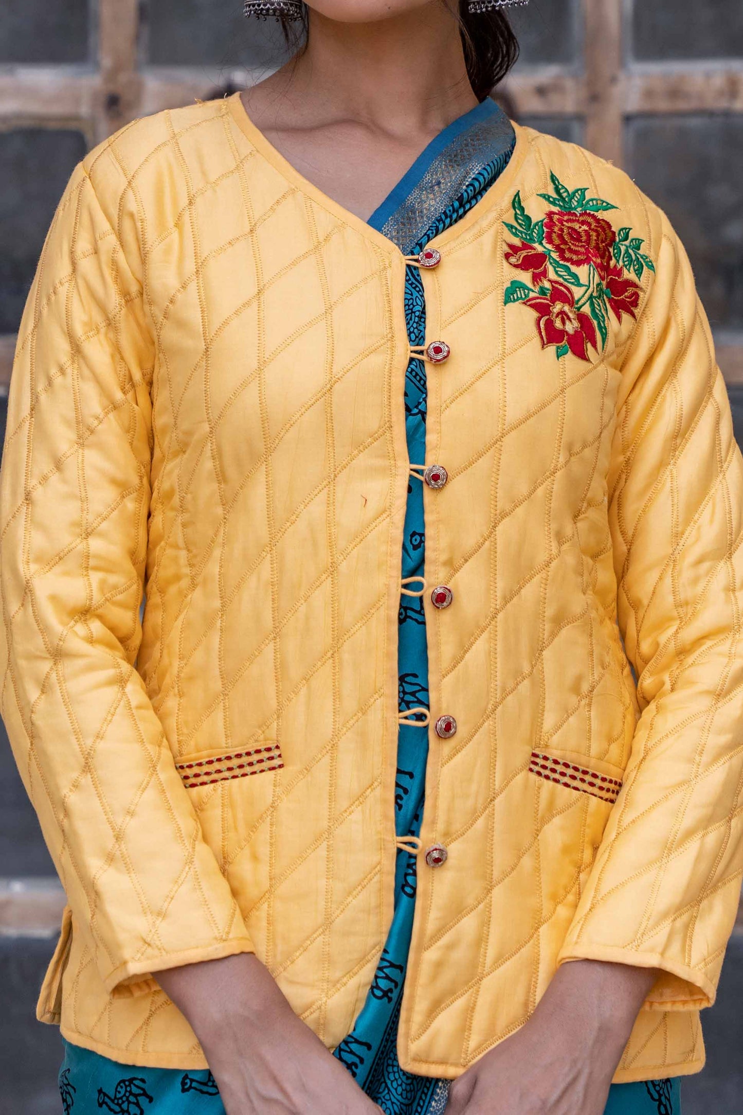 Sunshine Yellow Embroidered Quilted Silk Jacket- NVQJ308