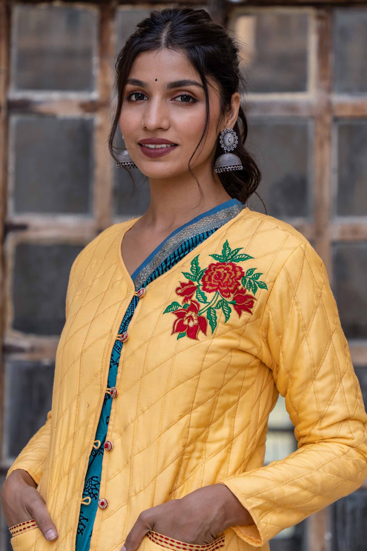 Sunshine Yellow Embroidered Quilted Silk Jacket- NVQJ308