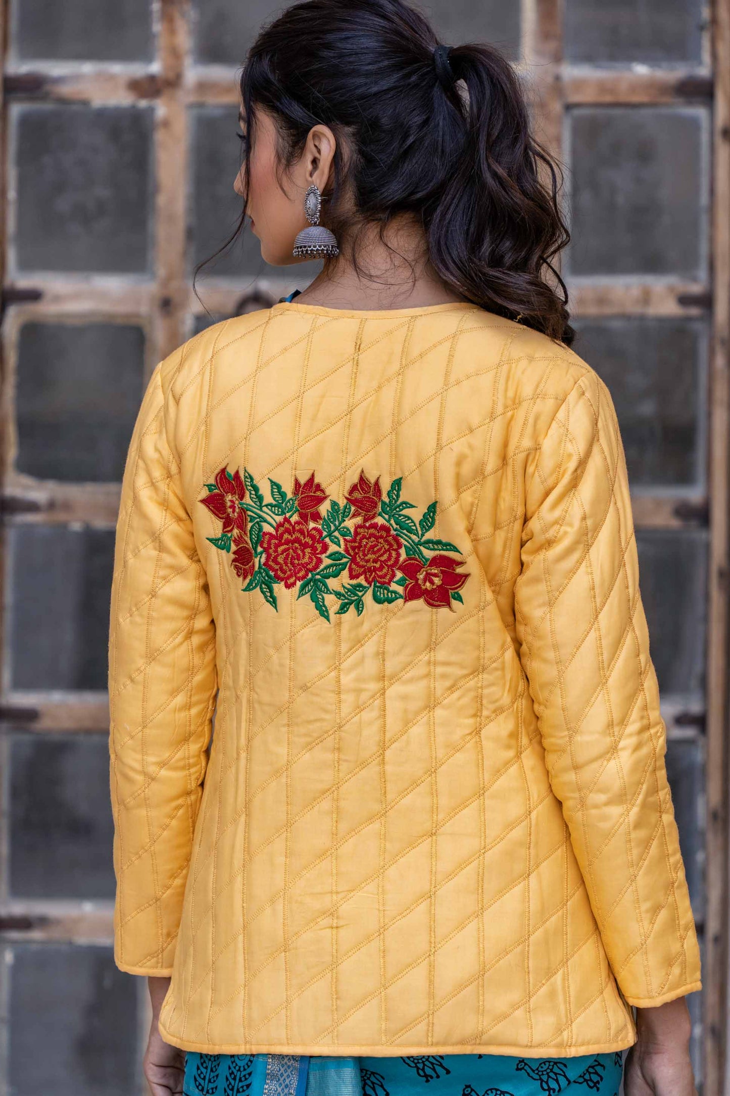 Sunshine Yellow Embroidered Quilted Silk Jacket- NVQJ308