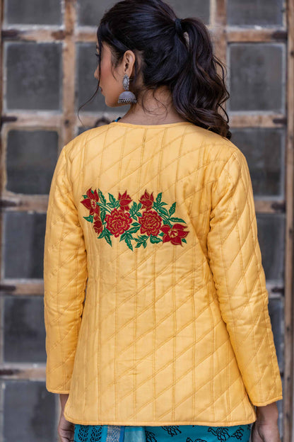 Sunshine Yellow Embroidered Quilted Silk Jacket- NVQJ308
