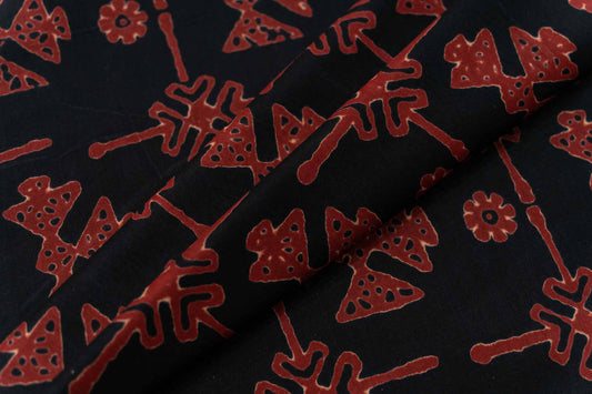 BLACK RED HAND BLOCK PRINTED COTTON FABRIC-HF5159