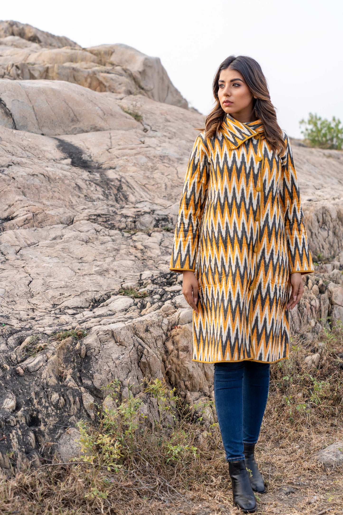 Tricolor Ikat Quilted Bukhara Coat-NVQJ333