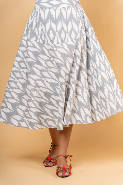 GREY WHITE IKAT KNEE LENGTH FLAIRED SKIRT-NFB03