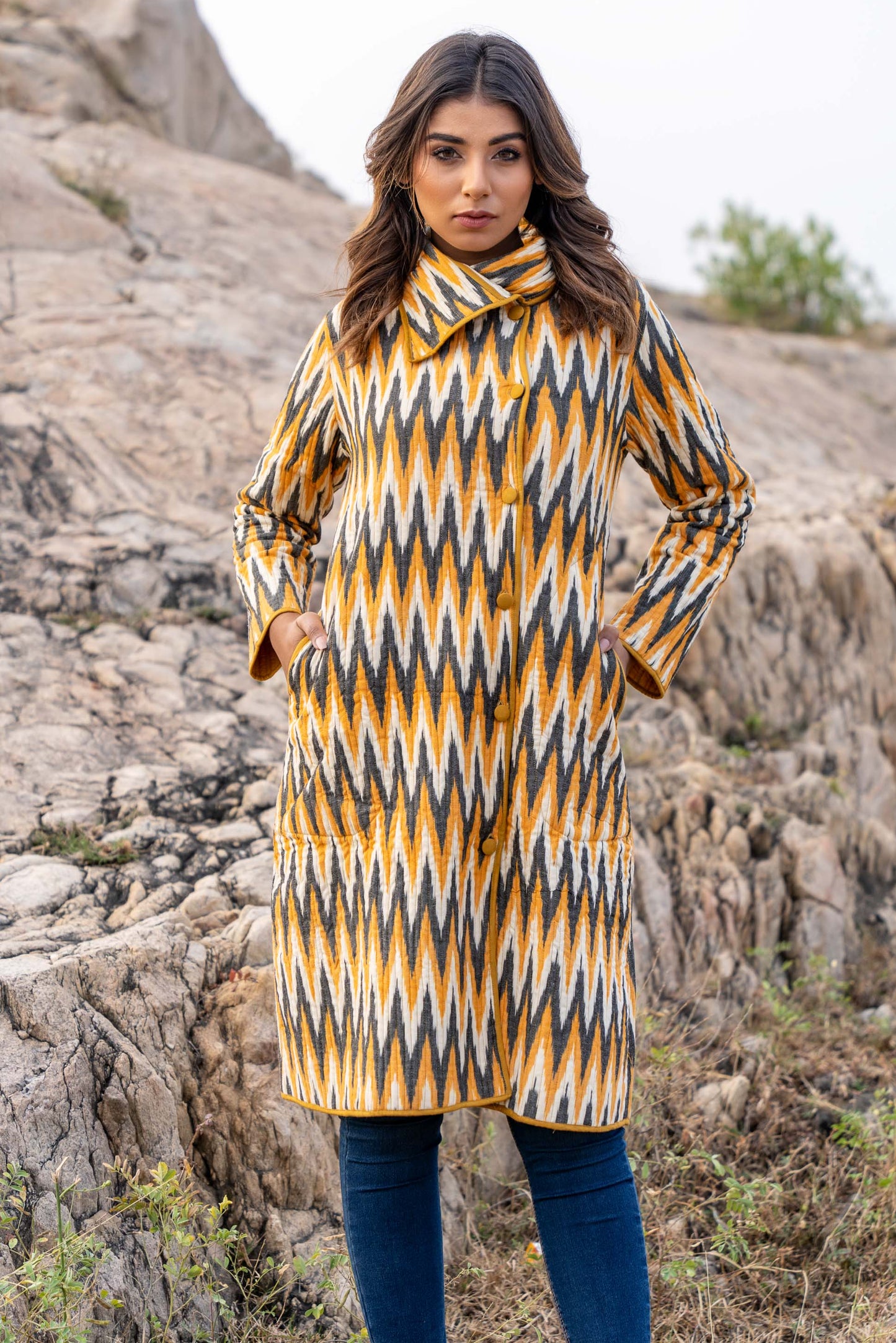 Tricolor Ikat Quilted Bukhara Coat-NVQJ333