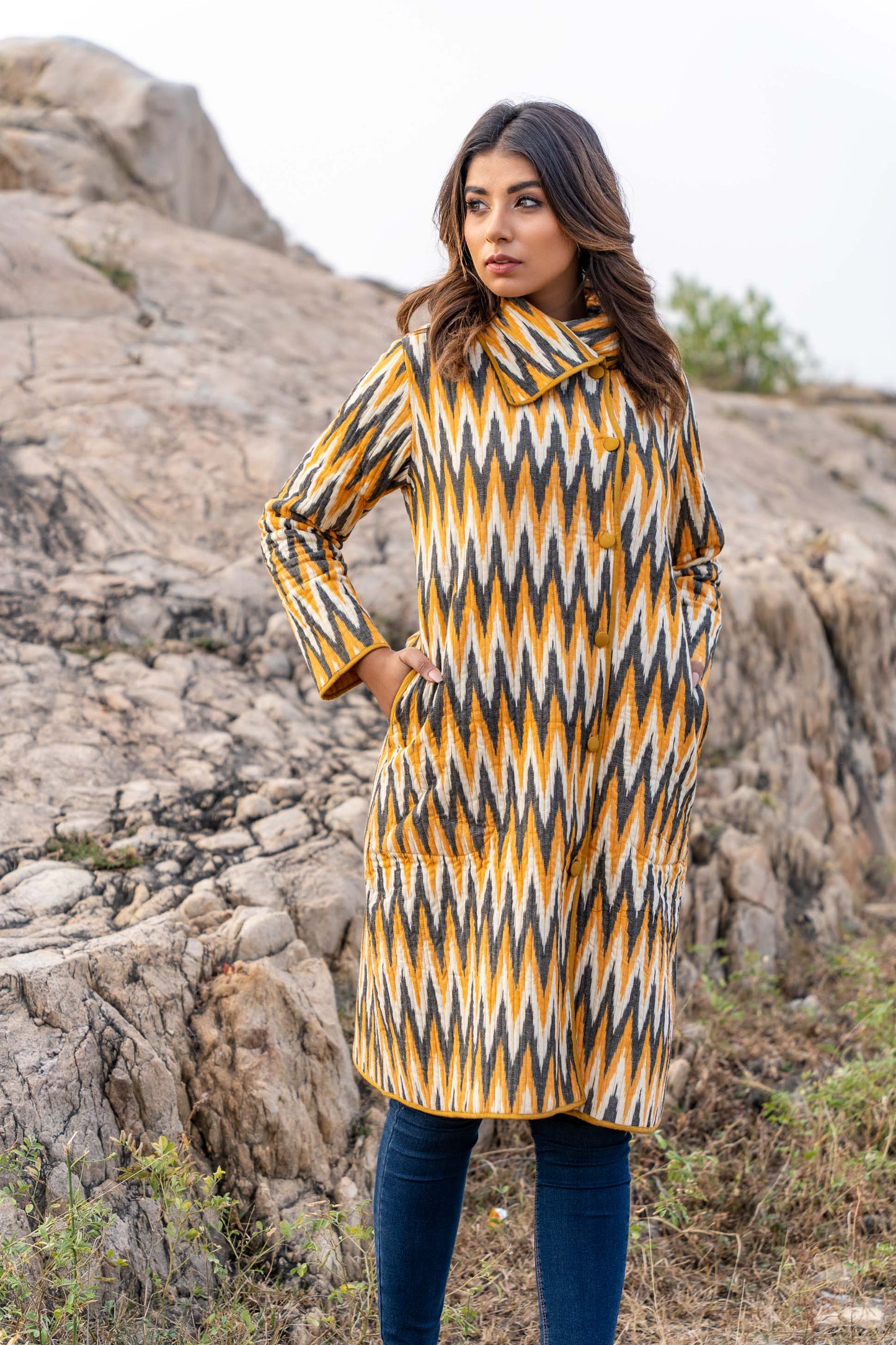 Tricolor Ikat Quilted Bukhara Coat-NVQJ333