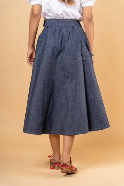 DENIM EMBROIDERED FLAIRED SKIRT-NFB05
