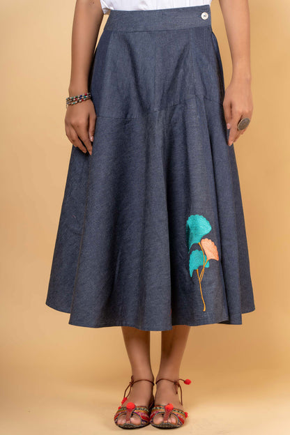 DENIM EMBROIDERED FLAIRED SKIRT-NFB05