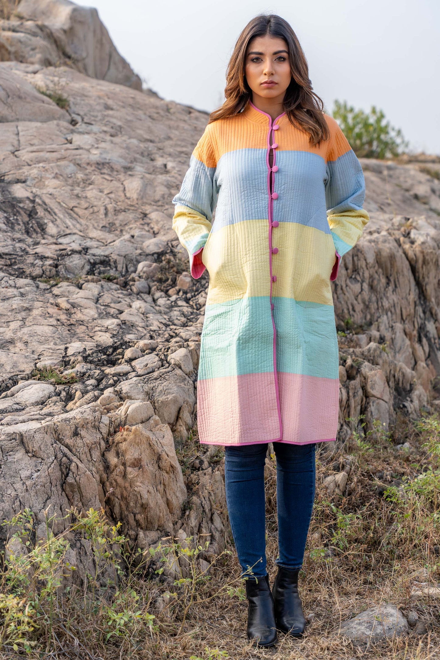 Multicolor Patch Work Quilted Long Coat-NVQJ324