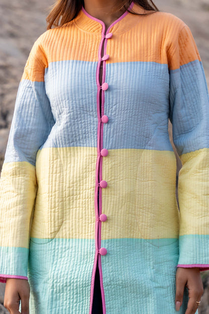 Multicolor Patch Work Quilted Long Coat-NVQJ324