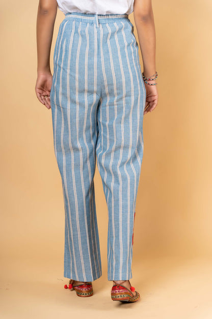 BLUE KHARI COTTON EMBROIDERED HIGH WAIST PANT-NFB23