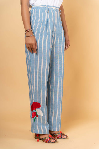 BLUE KHARI COTTON EMBROIDERED HIGH WAIST PANT-NFB23