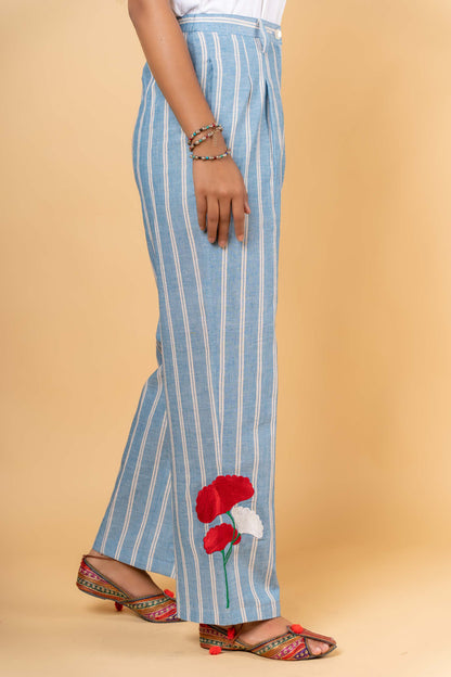 BLUE KHARI COTTON EMBROIDERED HIGH WAIST PANT-NFB23